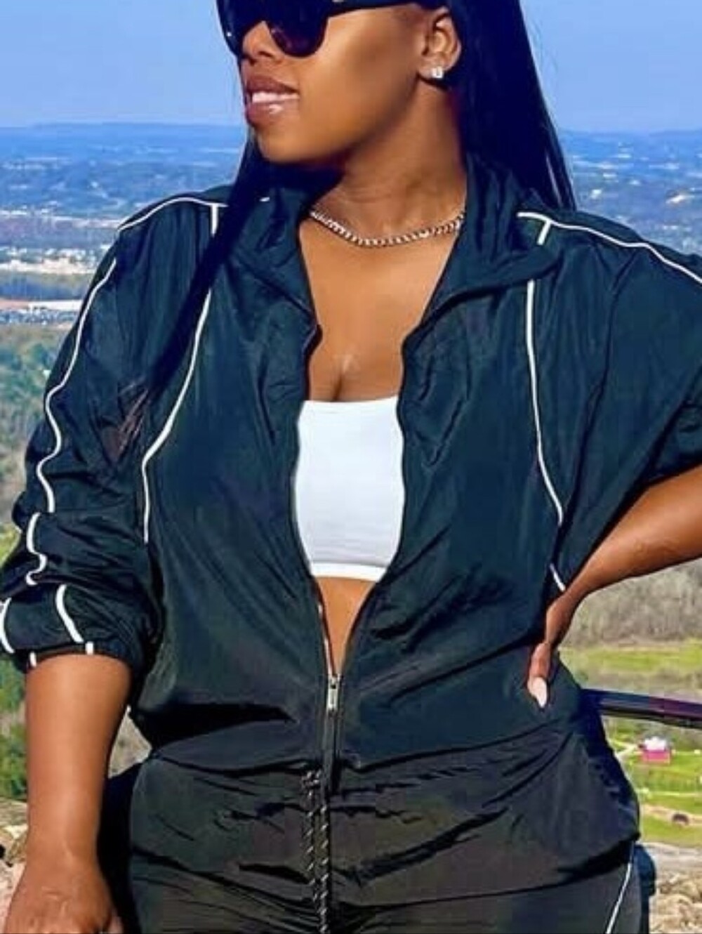 Black Women's Lightweight Track Jacket with White Piping